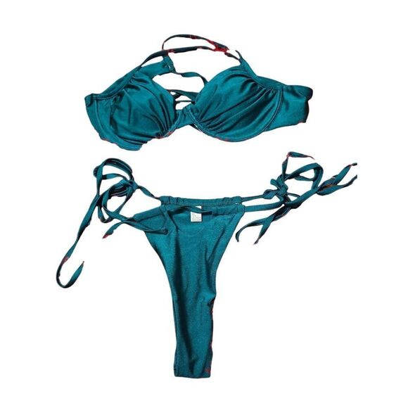 Teal Blue Curout Thong Bikini Set - Picture 1 of 6